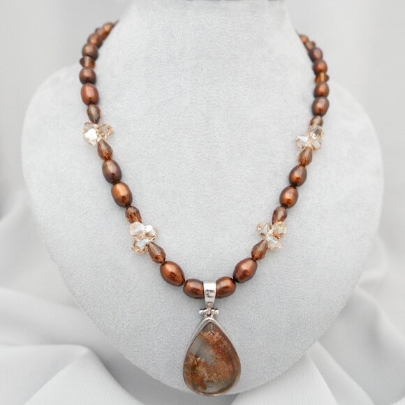 Necklace - Bronze Pearls, Swarovski Crystals, Brazilian Pendant - Sterling Clasp - Picture 1 of 4